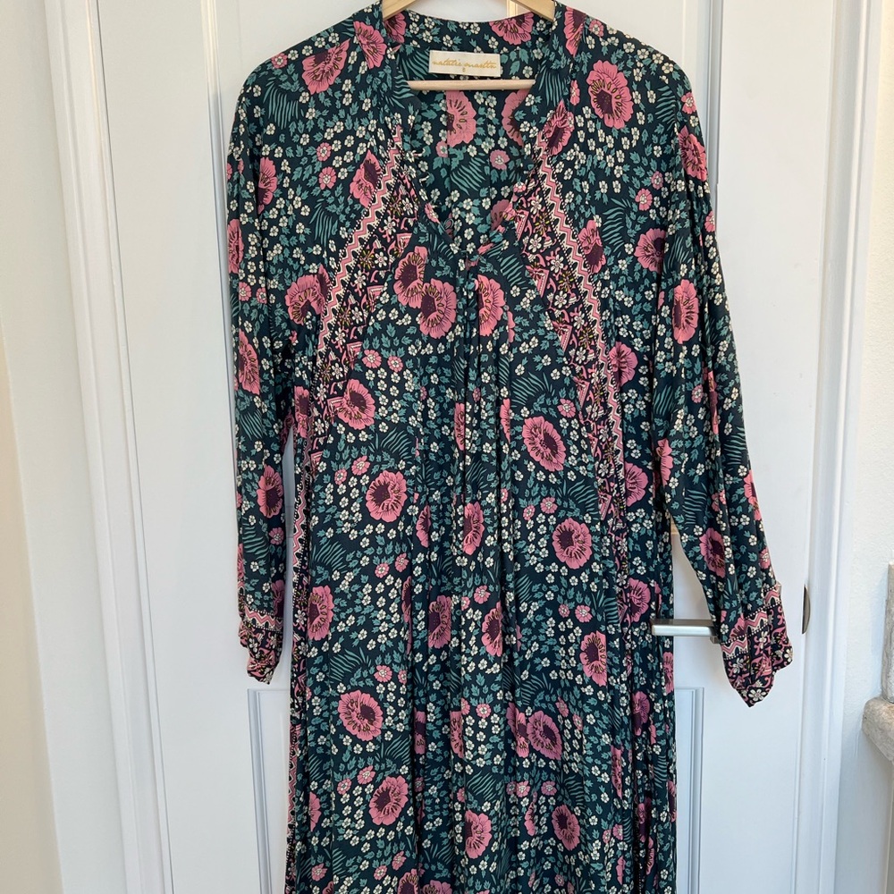 Natalie Martin Teal Long Sleeve Floral Maxi Dress with Pink Blooms